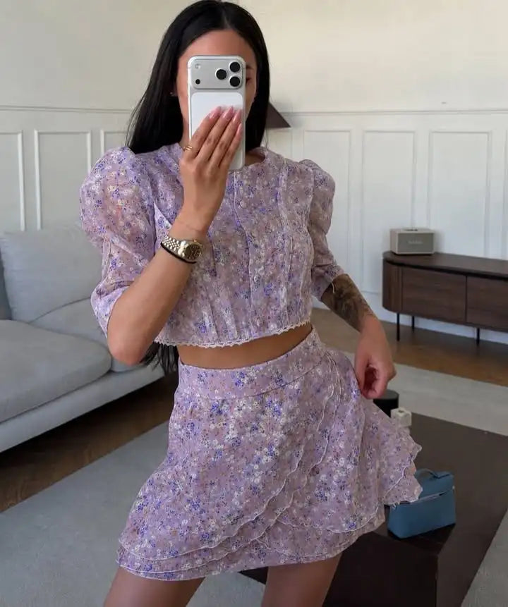Women's floral two piece set in purple, perfect for summer outings