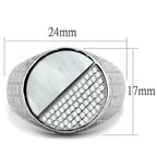 Unique sterling silver mens ring featuring a half-moon design with mother of pearl and detailed embellishments