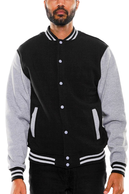 Men's black and gray varsity jacket, comfortable fabric for casual wear