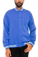 WEIV blue varsity jacket with button front and striped cuffs