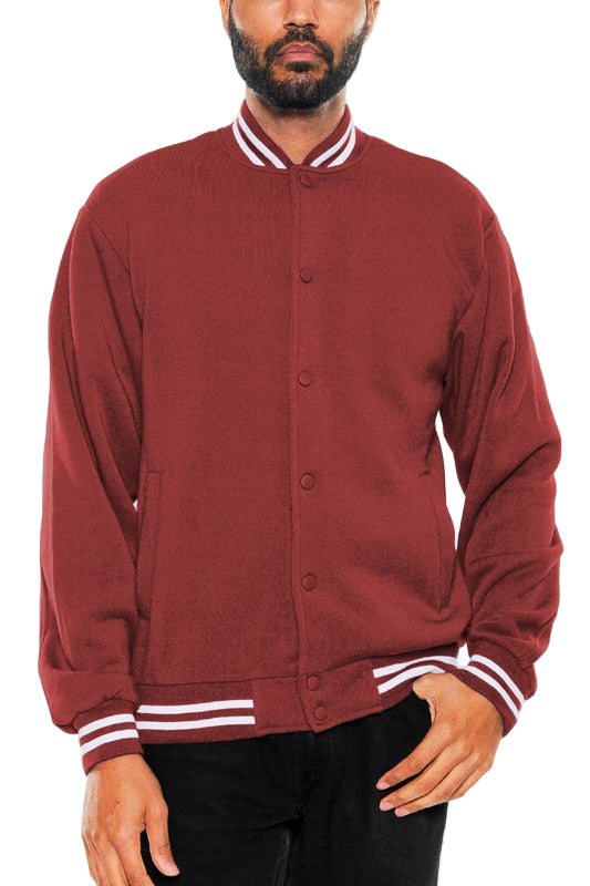 Men's maroon varsity jacket, soft fabric, casual wear