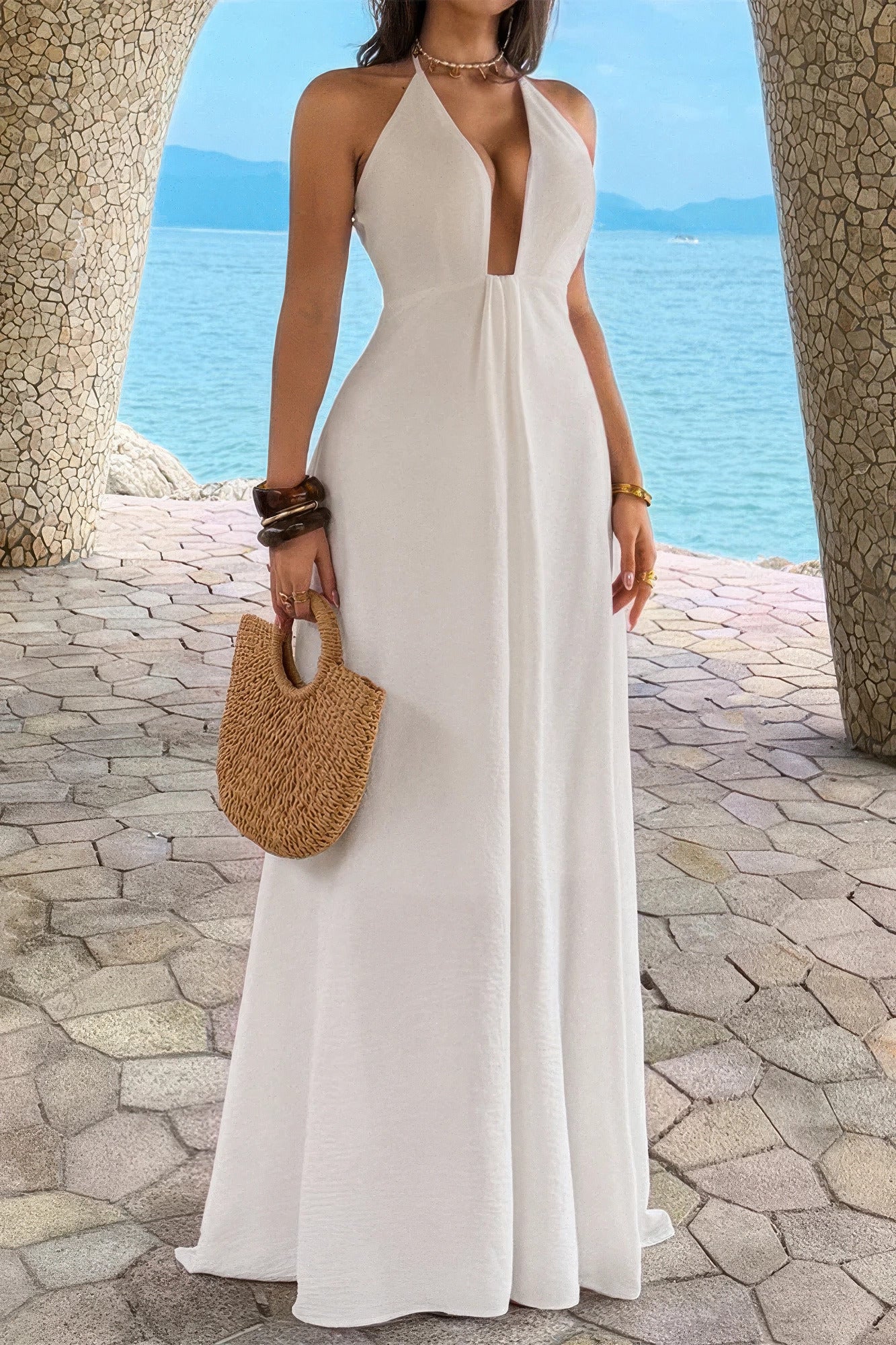 White halter neck maxi dress, vacation wear for summer outings