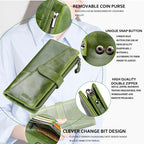 Green leather men's wallet with removable coin purse and unique snap button