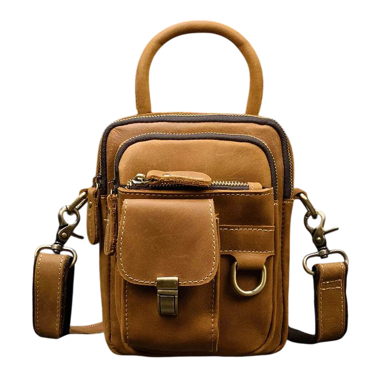 Brown leather crossbody bag with multiple pockets and straps on a white background