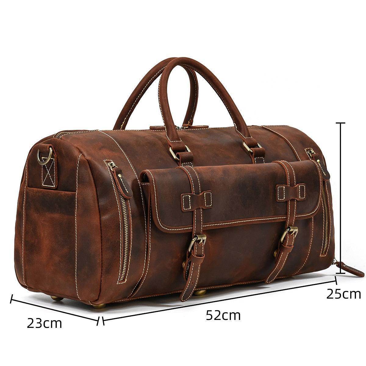 Vintage leather travel duffle bag with multiple compartments and sturdy handles for versatile travel