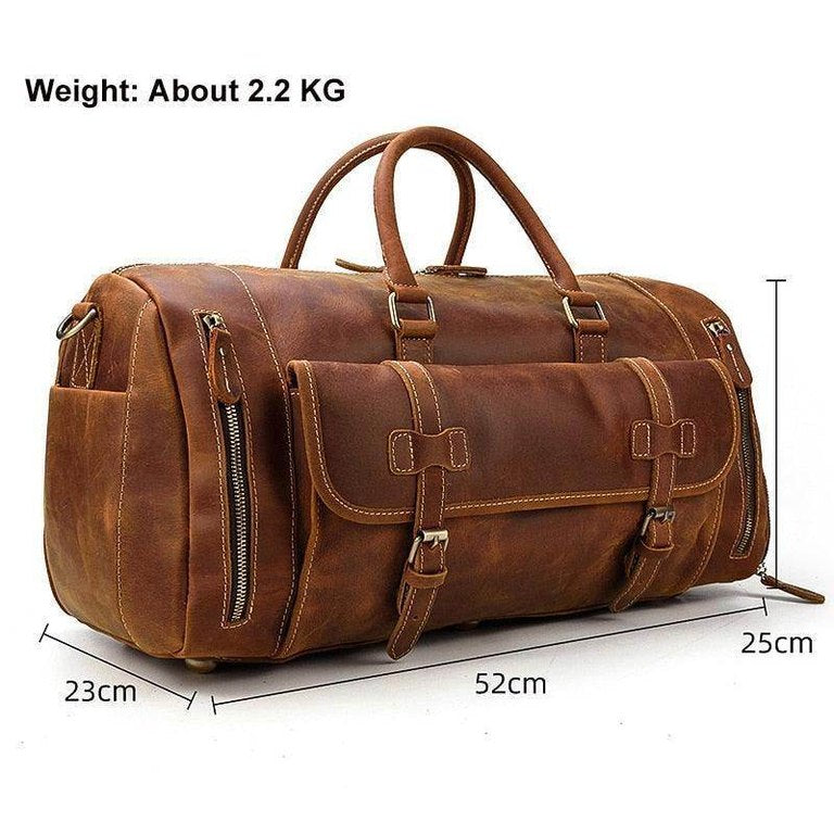 Vintage leather travel duffle bag with multiple compartments and durable design for easy travel.