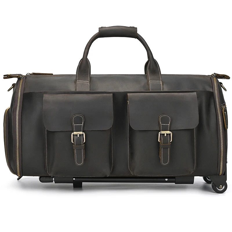Brown leather weekend bag with multiple pockets for travel