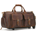 Brown leather weekend bag with multiple pockets for travel