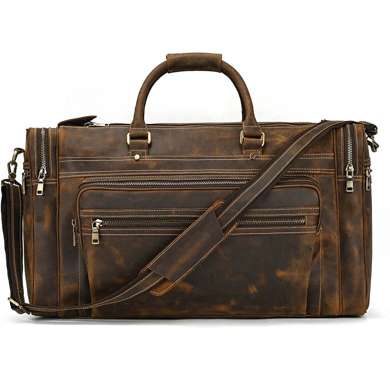 Brown leather weekend bag with multiple pockets for travel convenience