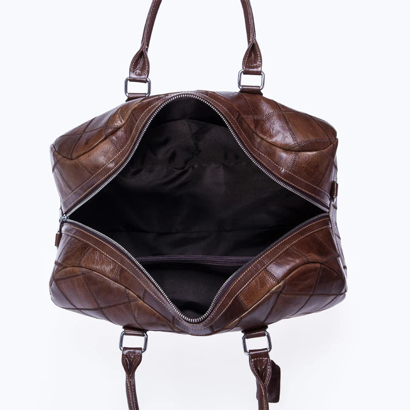 Brown leather weekend bag with spacious interior for travel