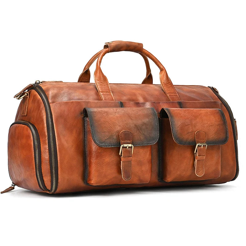 Leather bag weekender with two front pockets for travel convenience