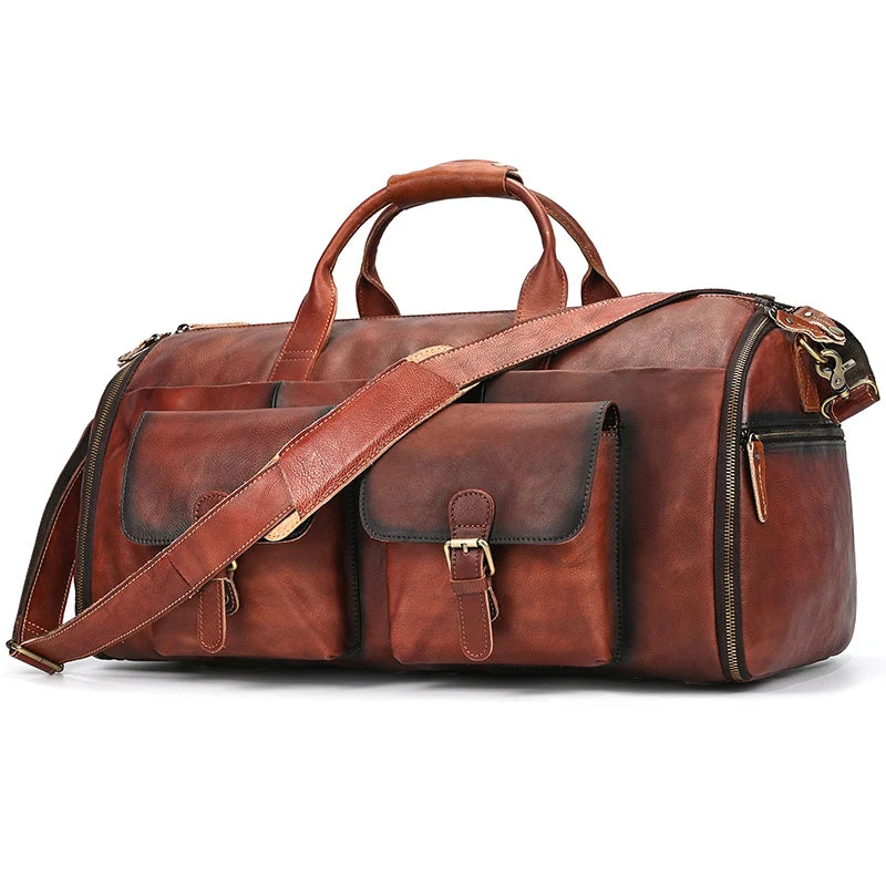 Brown leather bag weekender with multiple pockets for travel