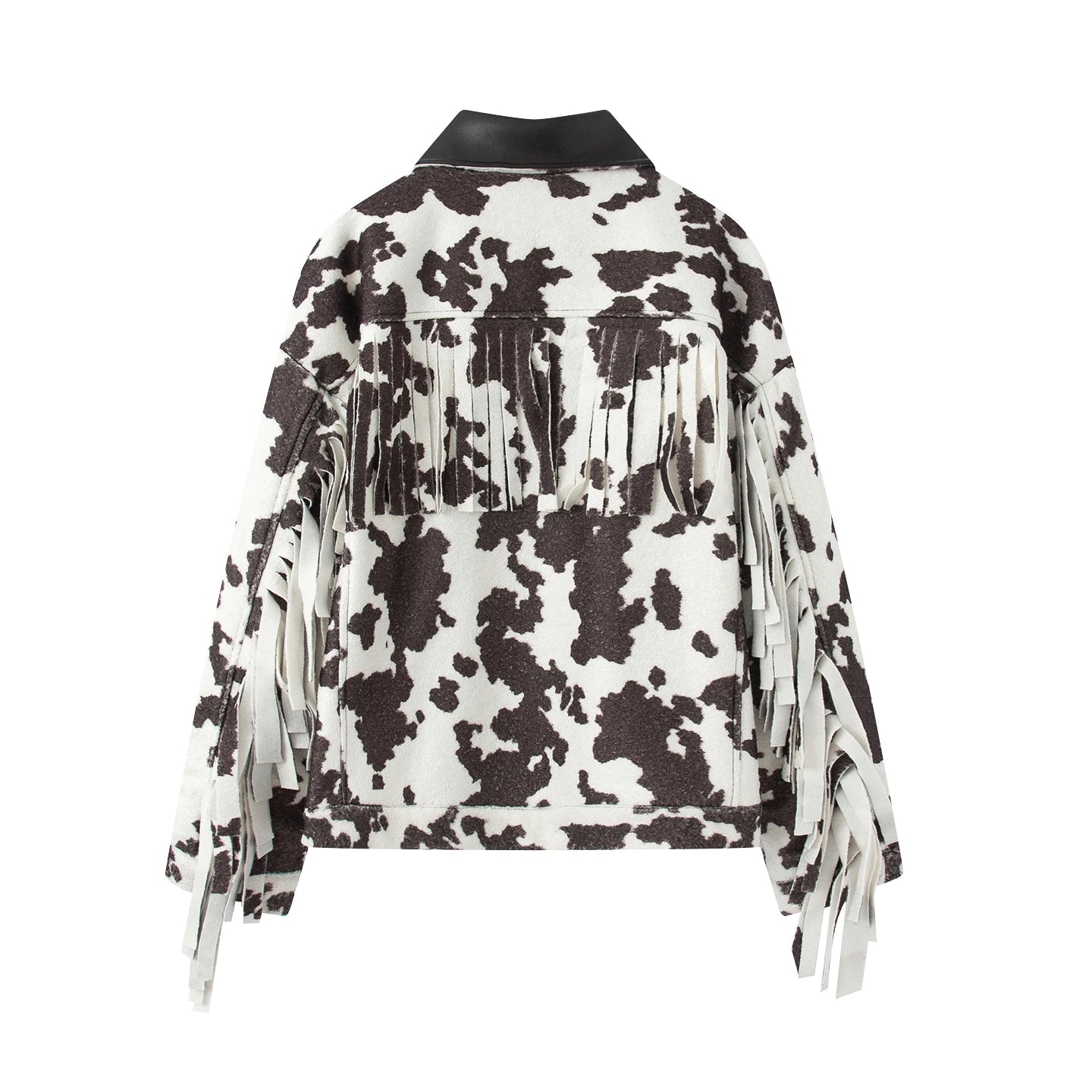 women's jacket puffer in white and black cow print, stylish for casual wear