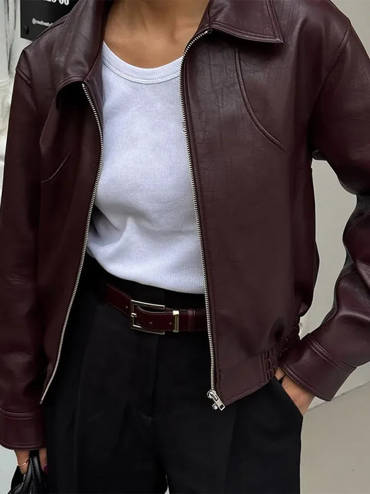 Women's burgundy leather puffer jacket for stylish layering