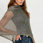 womens poncho in sheer gray mesh, stylish layering piece