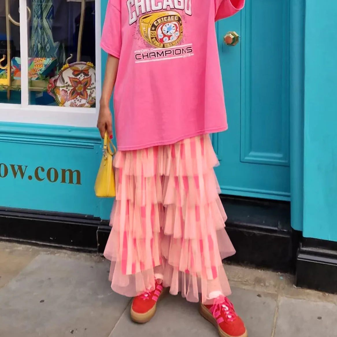Women's pastel pink layered skirt, Y2K fashion for casual outings