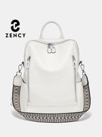 White leather travel bag with stylish zipper and woven strap